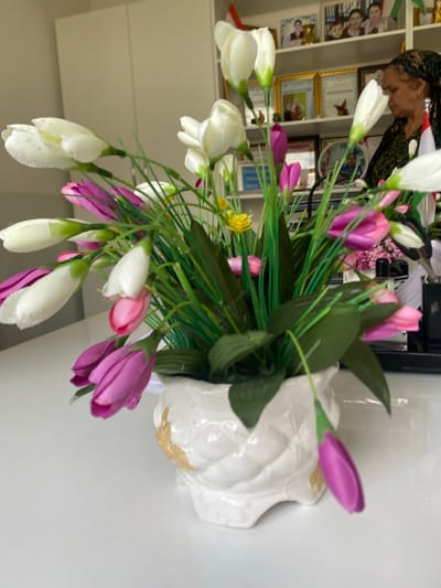 The media file displays a close-up, vertically oriented shot of a bouquet of artificial flowers in a white, decorative vase. The flowers are primarily white and various shades of pink and purple, with green stems and leaves. Some flowers are in bloom, while others are still in bud form. A small yellow flower is also visible among the greenery.
In the background, a shelf unit is partially visible. On the shelves, there are framed pictures or certificates, some appearing to be awards or diplomas. One picture shows a group of people, possibly children. A woman wearing a headscarf is seen in the upper left quadrant, with her head tilted down and her face in profile. She is wearing a patterned garment and jewelry.
The setting appears to be an indoor space, likely a home or office, given the presence of the shelf and framed items. The lighting suggests it could be daytime, as there are no strong artificial light sources visible. The overall mood is calm and decorative. No specific activity or event is clearly taking place, other than the display of the floral arrangement. There is no visible text in the image. The location context provided is Dushanbe, Tajikistan.