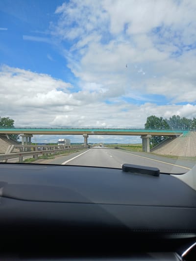The image is a point-of-view shot from inside a vehicle, looking forward at a highway. A pedestrian overpass spans the highway, supported by concrete pillars. The sky is blue with scattered white clouds, and trees line the sides of the road in the distance. A white truck and other vehicles are visible on the highway, moving away from the viewer. The dashboard of the vehicle is in the foreground. The scene is a typical highway environment on a clear day. The location is identified as Rogatovo, Russia, based on the provided context, suggesting this is a highway or road within or near that area.