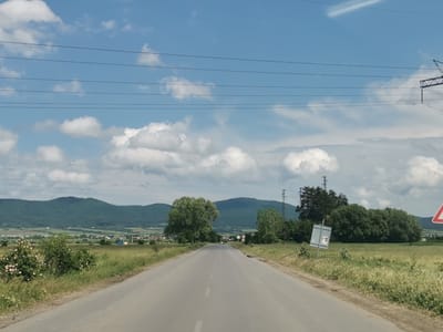 The image presents a bright, expansive landscape of a rural area near Zhivkovo, Bulgaria, under a partially cloudy blue sky. A straight, paved asphalt road extends from the foreground into the distance, leading towards a visible village and a range of green mountains.
On either side of the road, lush green fields stretch out, dotted with bushes and tall grasses. On the left, a bush with light-colored flowers stands close to the roadside. To the right, a partially visible red and white triangular sign, likely a warning sign, is positioned, alongside a grey sign post with unreadable text.
In the midground, a cluster of prominent green trees appears further down the road, with a small white vehicle discernible driving towards them. Beyond the fields, a small settlement with scattered buildings can be seen nestled at the base of the mountains.
The background features gently rolling, forested mountains that span the horizon. The sky is a clear blue, filled with numerous fluffy white cumulus clouds. Multiple strands of power lines traverse the upper portion of the scene horizontally, supported by large metal power pylons, some visible on the right side of the frame.
The scene depicts a peaceful, open rural environment on a clear day. No specific human activity is evident other than the distant vehicle.
