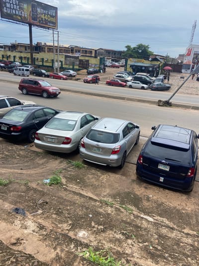 This image captures a street scene in Ogbunike, Nigeria, under an overcast sky. The foreground shows a gritty, concrete surface with sparse vegetation and scattered debris, including plastic bags and discarded items. A dark blue Ford Edge SUV is parked in the foreground, its rear facing the viewer, displaying a license plate that reads "APP 259GU." To its left, a silver Toyota Matrix is parked, also with its rear facing the camera, showing a license plate "AGU 308NC." Further left, a silver Toyota Camry with license plate "AJL 28FR" is parked next to a black Toyota Corolla with license plate "ABJ 592KS." Beyond these parked vehicles, a multi-lane road is visible with several other cars, including a red SUV and a white van, in motion or parked. The background features a row of buildings with weathered facades, some appearing to be shops or residential structures, along with a prominent billboard advertising Guinness beer. The overall impression is of an active urban environment with evident signs of wear and tear.
