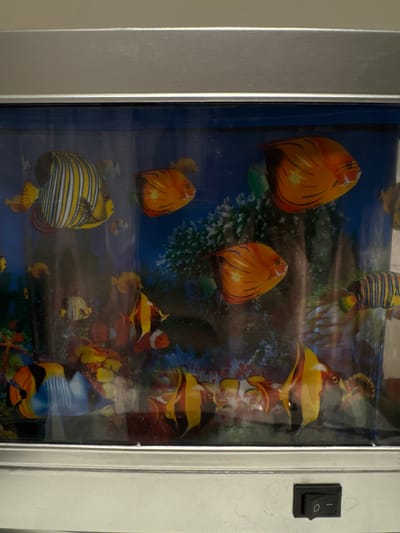 The image shows a fishtank with an artificial backdrop. The tank contains several colorful, artificial fish with distinct patterns. On the left side, there's a large fish with yellow and white stripes, and a dark band across its body. To its right and slightly above, there is a bright orange fish with black stripes. Below these, a smaller fish with similar black and white stripes is visible. In the lower half of the tank, more artificial fish are depicted, including a clownfish with orange and white bands and a black outline, and other fish with yellow, orange, and black patterns. The backdrop appears to be a seascape with some coral-like structures and greenery. The tank is enclosed in a silver frame, and a black on/off switch is visible on the bottom right of the frame. The background behind the tank is a plain, light-colored wall. The image does not provide any information that would allow for its location in Бараўлянскі сельскі Савет, Belarus.