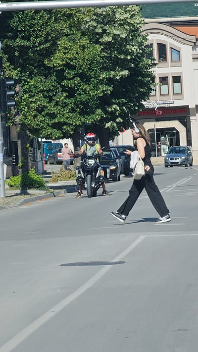 A female pedestrian wearing headphones and black pants crosses a street in Karlovo, Bulgaria. She is looking at her phone and carrying a white bag and a white jacket over her left shoulder. A male motorcyclist wearing a helmet and a yellow shirt is stopped at the intersection, facing the camera. He is on a black motorcycle with a large headlight. Behind the motorcycle, there are several cars stopped at the intersection. A man in a pink shirt is walking on the sidewalk in the background. Buildings line the street, including a shop with a sign that says "МЕБЕЛИ В ВИДЕНОВ". The scene is illuminated by sunlight, casting shadows on the road.