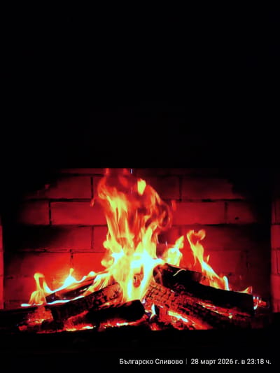 A fireplace with burning wood and flames. The fireplace is made of red bricks. The image was taken in Balgarsko Slivovo, Bulgaria on March 28, 2026, at 23:18.