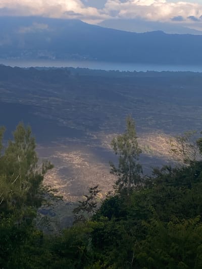 A panoramic view captures the expansive landscape of Kintamani, Indonesia, under a softly lit sky. In the foreground, dense green foliage forms a natural frame, with the tips of trees emerging from the bottom of the image. Beyond this verdant layer, a vast, undulating expanse of dark terrain stretches out, marked by lighter, textured patterns that suggest a rugged, volcanic surface. A distinct shaft of sunlight illuminates a portion of this terrain, highlighting its intricate details. In the mid-ground, a body of water, possibly a lake, is visible, bordered by a distant shoreline with hints of human habitation. The background is dominated by the silhouettes of majestic mountains, softened by a hazy atmosphere, and topped by a sky filled with voluminous clouds in varying shades of white and grey.