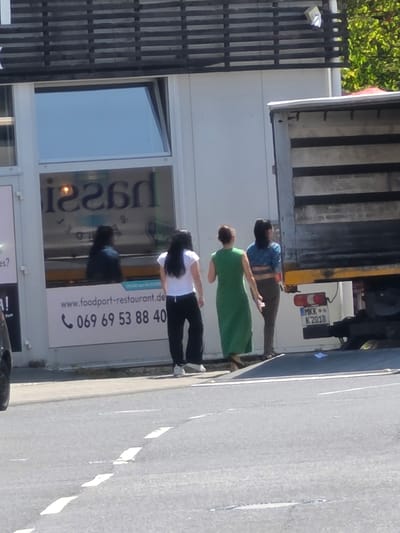 In Zeppelinheim, Germany, on a sunny day, three women are standing near a parked truck. The woman on the left wears a white t-shirt and black pants. The middle woman is in a long green dress. The woman on the right wears a blue jacket and dark pants. The truck, parked next to a building with a large window displaying a restaurant logo and website, has a license plate that reads "MKK K 2018". The building appears to be a commercial establishment, possibly a restaurant given the signage. The road in front of the building has white lane markings.