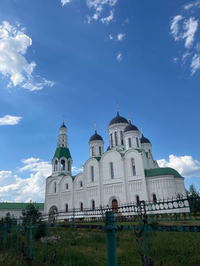 This is a photograph of the Holy Kazan Cathedral in Barnaul, Russia, taken from a low angle looking up at the building. The cathedral is a large, white, multi-domed structure with green roofs. It features a tall bell tower with a green roof and a spire topped with a cross. The main body of the cathedral has several smaller domes, also topped with crosses. The building is constructed of white brick with arched windows and decorative detailing. In the foreground, there is a green metal fence with an intricate pattern of circles. Beyond the fence, there is an area of grass and vegetation. The sky is blue with scattered white clouds. There are no people or animals visible in the image.