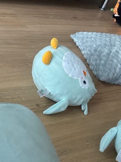 A light blue plush owl toy lies on a wooden floor. The owl has orange beak and feet, and two orange tufts on its head. There is a light blue textured rug next to the owl. The scene is indoors. There is no information available about the location of Nuremberg, Germany.