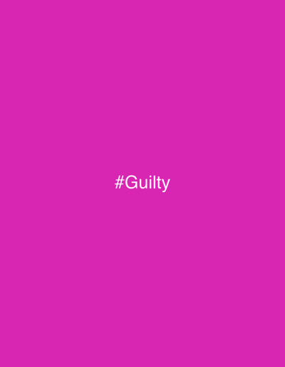 The image features a solid, vibrant magenta background, presenting a minimalist graphic design. Centered horizontally and vertically on this bright, uniform color field is the white text "#Guilty". The font appears to be a clear, sans-serif style. There are no other visible subjects, objects, or a discernable scene or setting. No activity or event is depicted. The image offers no visual cues regarding the time of day, weather, or specific location within Ustroń, Poland, as it consists solely of a colored background and text. The bold color provides a striking backdrop for the single hashtagged word.