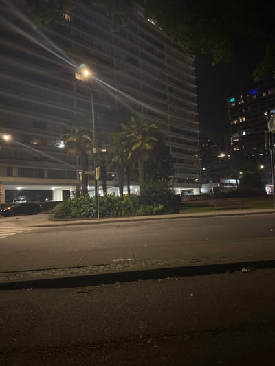The image depicts a nighttime street scene in Vancouver, Canada, specifically at the intersection of Beach Avenue and Chilco Street. A large, multi-story residential building dominates the background, its windows illuminated. In the middle ground, palm trees line a grassy area. A dark-colored sedan is visible on the left side of the image, turning onto Beach Avenue. The foreground shows a paved road with a crosswalk. The lighting suggests it is evening or nighttime, with streetlights casting a glow on the scene.