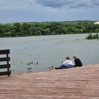 The image depicts a serene outdoor scene at a lake, potentially in the city of Liski, Russia, given the provided context. In the foreground, two young women are seated on a wooden pier, facing the water. The woman on the left wears a white open-knit top and blue trousers, while the woman on the right is dressed in a black top and dark trousers. They appear to be relaxed and engaged in observing the environment.

The lake occupies the mid-ground, with several ducks swimming and paddling on its surface. The water is calm, reflecting the overcast sky above. The shoreline in the background is densely lined with lush green trees, suggesting a natural or park-like setting. Beyond the treeline, rolling hills are visible, dotted with power lines and transmission towers, indicating a semi-rural or transitional landscape. The sky is filled with heavy, grey clouds, hinting at impending rain or a continuation of a cloudy day. The wooden pier is constructed of weathered planks, adding a rustic texture to the scene. A dark wooden railing is partially visible on the left side of the pier.