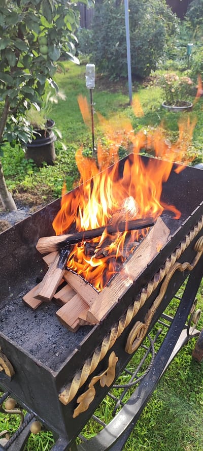 A bright, sunny outdoor scene depicts a black metal barbecue grill filled with burning logs and bright orange flames. The grill is positioned on a grassy area, with a tree bearing small green apples visible on the left side of the frame. In the background, a garden with various plants and a decorative element on a pole can be seen. The overall impression is of a peaceful, rural setting, possibly in the Лёзненскі сельскі Савет, Belarus, given the mention of that location.