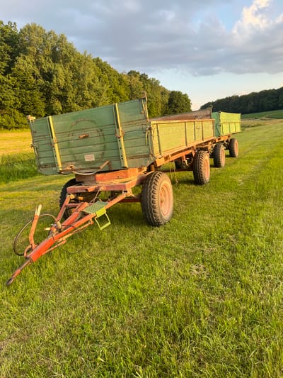 In a rural setting, likely near Wiera, Germany, two tandem-axle trailers with green wooden bodies and red frames are parked on a grassy field. The trailers are aligned in a row, with the closest one positioned at a slight angle to the viewer. The foreground shows a detailed view of the front of the lead trailer, including its orange tow hitch, wheels with red rims, and a green step. The background features a line of trees and a field with hints of agricultural activity under a cloudy sky with scattered sunlight. The overall impression is one of agricultural equipment at rest in a natural, open environment.