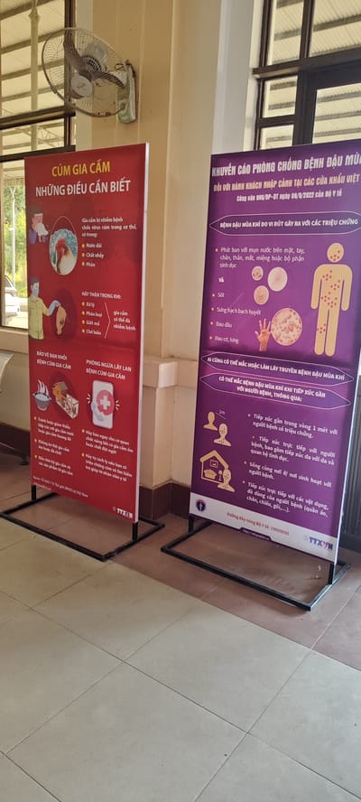 The image shows two large informational posters displayed indoors, likely in a public space in Bo Y, Vietnam. The poster on the left is red and titled "CÚM GIA CÂM NHỮNG ĐIỀU CẦN BIẾT" (Bird Flu: Things to Know). It contains illustrations and text about how bird flu is transmitted, what to be cautious about, and how to protect oneself and prevent the spread of the disease. The poster on the right is purple and titled "KHUYẾN CÁO PHÒNG CHỐNG BỆNH ĐẬU MÙA ĐỐI VỚI HÀNH KHÁCH NHẬP CẢNH TẠI CÁC CỬA KHẨU VIỆT NAM" (Warning to Prevent Monkeypox for Travelers Entering Vietnam). This poster provides information about monkeypox symptoms, transmission, and prevention methods. Both posters have Vietnamese text and graphics. In the background, a ceiling fan is visible on a cream-colored wall. The floor is tiled in a beige and brown pattern. The posters are supported by black metal stands.