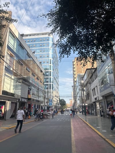 The image depicts a street scene in La Victoria, Peru. A multi-lane road stretches into the distance, with a pedestrian walkway marked by red paint on the right side. People are walking and cycling along the road and sidewalk. Buildings line both sides of the street; some are modern with glass facades, while others are older and more traditional. Power lines crisscross overhead. A tree's branches and leaves are visible in the upper left corner. The sky is blue with scattered clouds. A person in a striped shirt is walking along the sidewalk in the foreground. Some storefront signs are visible but mostly illegible.