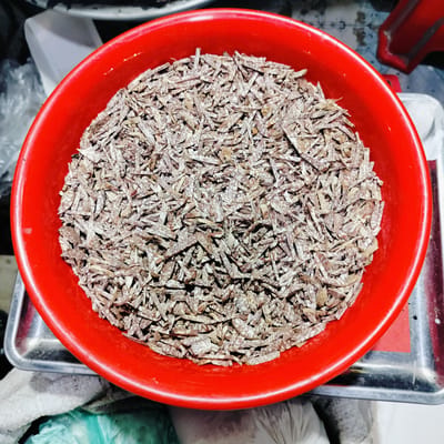 A red plastic bowl is filled with small, irregularly shaped pieces of betel nut, placed on a stainless steel tray. The tray is situated amidst plastic bags, some translucent and some green. The photograph appears to be taken indoors, possibly in a market or shop in Lalmohan, Bangladesh. No people are visible in the frame.
