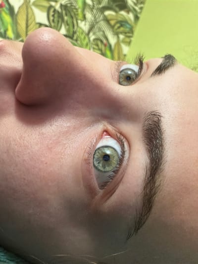 This media file is a close-up, upside-down photograph of a person's face, focusing on their eyes and nose. The individual has light skin with some visible pores and faint freckles. Their eyes are a striking light green, with visible irises and dark pupils. Eyelashes and eyebrows are dark and appear somewhat full. The bridge of the nose is also visible, with a slightly shiny texture.
In the background, out of focus, there is a textured surface with a repeating pattern of green leaves, suggesting a decorative wallpaper or fabric. To the right of the face, a bright, lime-green area is visible, possibly a wall or another surface.
The lighting suggests it could be daytime, with natural light illuminating the face. The close-up perspective and the focus on facial features like the eyes and nose create an intimate and possibly introspective mood. There is no visible text in the image. The image appears to be taken indoors, given the presence of the patterned background. The orientation of the photograph is inverted, adding a unique perspective to the composition.