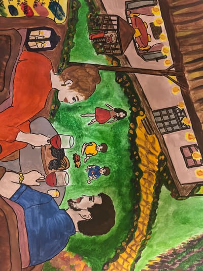 This is a watercolor painting depicting a family gathering outdoors, likely in a backyard setting. The scene features a man and a woman seated at a table, with wine glasses and what appears to be food in front of them. The woman is wearing an orange top, and the man is in a blue shirt. Both appear to be engaged in conversation or enjoying their meal.
In the background, three children are depicted playing on a bright green lawn. One child, in a red dress, is lying down, while two others, in yellow and blue shirts, are running. There is also a small toy car on the grass near the children.
To the right of the children, a building with windows is visible, and a pathway with yellow and brown tones leads towards it. The building's architecture suggests a rustic or traditional style. Decorative lights or lanterns are present along the pathway and near the building, hinting at an evening or dusk setting. The overall mood appears relaxed and familial. There is no visible text in the painting.