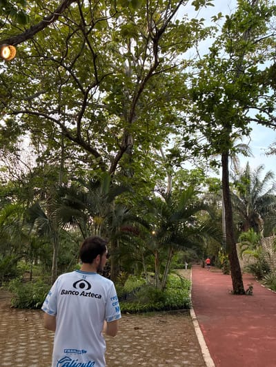 Here is a description of the image:
A medium shot of a man in a white soccer jersey with "Banco Azteca" and "Caliente" on the back, standing outdoors. He is facing away from the camera and is in a park-like setting. The shot focuses on his back and the jersey. Lush greenery, including various trees and plants, surrounds him. There is a red path visible in the background. The location is likely in Coatzacoalcos, Mexico, given the jersey sponsorship. The overall lighting is soft and dappled, suggesting it might be late afternoon or early evening. In the background there is a person walking on the path.