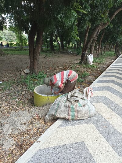 This outdoor photograph, taken in Mataram, Indonesia, captures an individual engaged in collecting or sorting items within a park-like environment. In the foreground, a person wearing a red, white, and gray striped shirt, brown pants, and a hat is bent over, reaching into a yellow-painted concrete ring set into the ground. They are holding a clear plastic container, possibly for scooping or holding collected items. Next to them on the patterned sidewalk is a large, bulging sack, likely made of burlap, with visible green and red stripes, suggesting it's being filled with collected materials.
The scene is dominated by numerous trees with dark trunks and lush green foliage, casting a dappled shade over the area. The ground beneath the trees consists of dirt mixed with scattered dry leaves and sparse green vegetation. To the right, a distinctive sidewalk features a geometric chevron or zigzag pattern created with alternating light and dark gray aggregate or terrazzo. In the mid-ground, a white bag is seen hanging from a tree trunk. Further in the background, a few other people are visible sitting on a low wall or bench, indicating a public recreational space. The lighting suggests daytime, possibly under cloudy conditions, as there are no harsh shadows. No text is visible in the image.