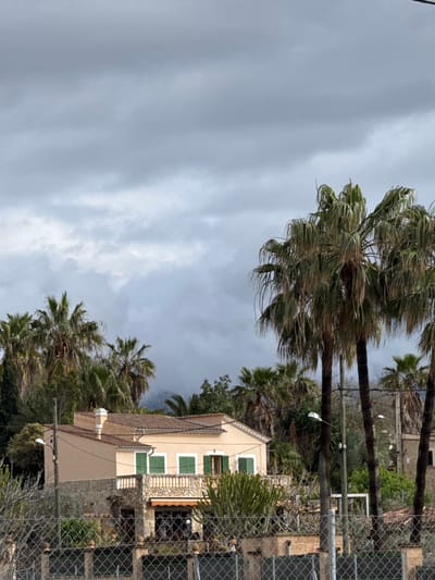 The image displays a residential area in Port D'andratx, Spain, under a heavily overcast sky. A chain-link fence with concrete posts extends across the foreground. Dominating the midground is a two-story house with a light peach-colored stucco exterior and a terracotta tiled roof. The upper floor features a white stone balustrade balcony and several windows fitted with closed green louvered shutters. The lower section of the house exhibits a stone facade, with a partially retracted orange-striped awning positioned above an entrance or window. Numerous tall palm trees with full, fronded crowns are visible, particularly on the right side and behind the house. Utility poles supporting overhead wires are interspersed among the palm trees, with one pole featuring an attached streetlamp. In the background, mountainous terrain is partially obscured by dense, low-hanging clouds or mist. No individuals are present in the scene, and no overt actions or interactions are depicted.