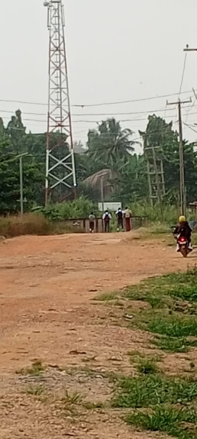 A rural scene features a dirt road, a cell tower, and utility poles against an overcast sky. A group of people stand on a concrete structure near the road. In the foreground, a motorcyclist wearing a yellow helmet rides away from the viewer. Vegetation, including trees and grassy areas, surrounds the scene. A large boulder or rock formation is visible behind the cell tower.
