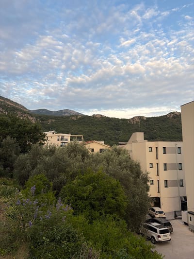 The image depicts a scenic view of a coastal mountainous landscape in Rafailovići, Montenegro, with a modern building and parked cars in the foreground. The sky is filled with scattered clouds, indicating a partly cloudy day, likely in the late afternoon or early evening given the soft lighting. The mountains are densely covered with lush green trees, suggesting a warm climate.
The building is contemporary in design, featuring multiple stories with a light-colored facade and dark-framed windows. A few cars, including a white SUV and a smaller white car, are parked in what appears to be a residential or hotel parking area adjacent to the building. Overgrown greenery, including olive trees with their characteristic silvery-green leaves, and bushes with small purple flowers, frames the scene.
The overall atmosphere is peaceful and serene, with a blend of natural beauty and man-made structures. The composition, with the sky on the left and the built environment and nature on the right, creates a balanced view. No people are visible in the image. There is no visible text in the image.