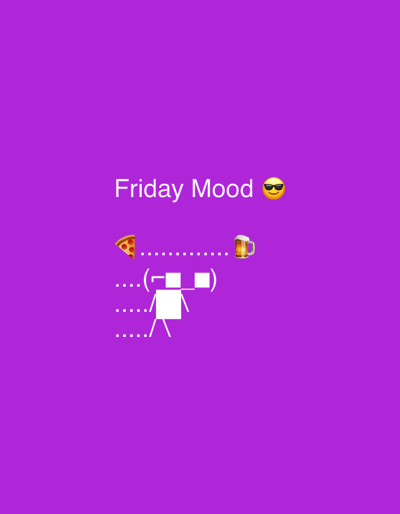 The image displays the text "Friday Mood" followed by a sunglasses emoji, a slice of pizza, a dotted line, and a mug of beer. Below this, there is a simplified, geometric representation of a person with square shapes for a body and head, holding a square object on each side of their head. The background is a solid purple color. The image does not contain any recognizable landmarks or features that would indicate its location in Męcina, Poland.