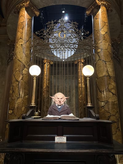 The image depicts a display inside a building with ornate, marble-patterned columns. In the foreground, a dark wood counter is positioned in front of a large, decorative metal gate. Behind the counter, a mannequin of a goblin bank teller is seated, wearing a suit and tie, with an open book in front of it. Two globe-shaped lamps on golden stands flank the goblin. A small plaque on the counter reads "GOBLIN BANK TELLER Costume worn by Actor Warwick Davis OBE Harry Potter and the Philosopher's Stone". The backdrop features a grand, wrought-iron gate and what appears to be a chandelier or intricate light fixture. The overall aesthetic suggests a themed attraction or exhibit, likely related to the Harry Potter franchise, possibly located at a studio tour or theme park. While the image itself does not specify a location in the city of Three Rivers, United Kingdom, the "Harry Potter and the Philosopher's Stone" context points towards potential sites like Warner Bros. Studio Tour London – The Making of Harry Potter, which is located in Leavesden, near Three Rivers.