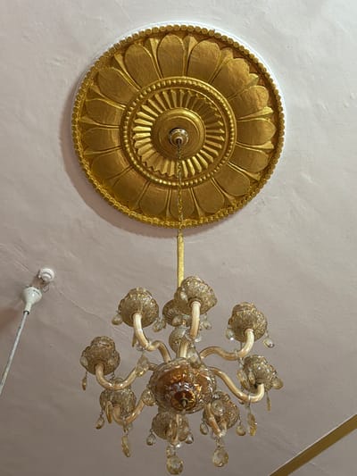 A close-up, overhead shot captures a section of a ceiling with ornate decorative elements and a chandelier. Dominating the left side of the frame is a large, gold-colored ceiling medallion with intricate floral patterns. The medallion is circular, with layered petals radiating outwards from a central, ribbed circular design. A delicate gold chain hangs from the center of the medallion, connecting to the chandelier.
To the right, a multi-armed chandelier hangs from the ceiling. The chandelier is made of a metallic material, likely gold-toned, and features several arms that curve outwards. Each arm holds a decorative glass element that appears to be a lamp shade or a decorative fixture, resembling clustered glass flowers or bulbs. Small, faceted glass crystals are suspended from various points on the chandelier, catching the light and adding a sparkling effect. The chandelier's central body is also a detailed glass or metallic element.
The ceiling itself is a light, neutral color, possibly white or a pale pink, with a textured surface that suggests plaster. In the lower right quadrant of the image, a small, white electrical fixture with a metal rod extending from it is visible, possibly an antenna or part of a fan, attached to the ceiling. The lighting in the scene appears to be a mix of ambient light, possibly from an unseen window or overhead source, and the subtle glow from the chandelier itself, though the lights on the chandelier are not illuminated. The overall impression is one of a decorative interior space, likely in a home or a building with traditional or opulent design elements, consistent with a location context in New Delhi, India. No people are visible in the frame. There is no visible text in the image.