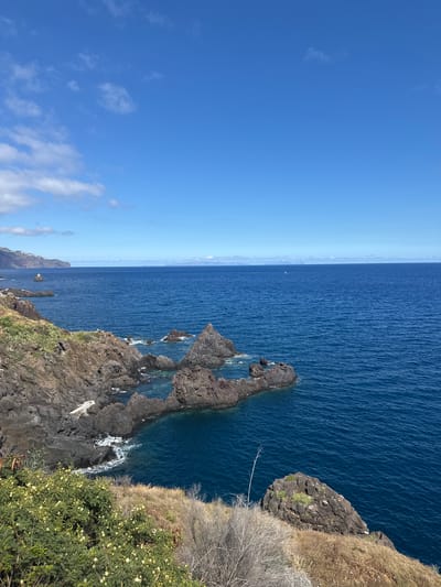 A long shot depicts a scene from Funchal, Portugal, featuring a cliffside view overlooking the ocean. The sky is blue, partly cloudy, with the horizon line visible in the middle of the frame. The ocean occupies the right half of the image, exhibiting deep blue water with some small waves. The cliffside on the right is covered in rocks, vegetation, and brown grasses. Some rocky outcroppings jut into the ocean with the ocean water lapping around them. A small sailboat is seen on the horizon.