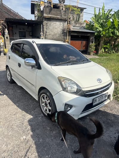 A dark-colored dog, wearing a light blue collar, is sniffing the front bumper of a white car parked on an asphalt road. The car, a Toyota, has a license plate that reads "DK 1275 KN" and "11-28". In the background, there's a building with a dark tiled roof and grey concrete walls, partially obscured by large green banana leaves. Further to the left, a traditional Balinese house or temple structure is visible with carved decorations. The scene appears to be outdoors on a sunny day, suggested by the bright light and shadows cast on the ground. The overall setting is a rural or semi-urban area in Sukawati, Indonesia.