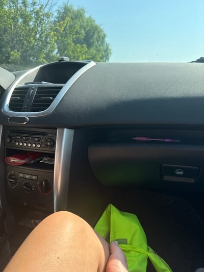 The image, taken from inside a car in Trilistnik, Bulgaria, shows the dashboard and front passenger area. Sunlight illuminates the scene through the windshield, casting shadows and highlighting textures. A woman's leg is visible in the foreground, with her knee bent. In the center console, a car stereo system with various buttons and knobs is present. Below the stereo, a red object, possibly a notebook or wallet, rests on a shelf, alongside some crumpled paper. To the right of the stereo, a pink pen lies horizontally on the dashboard's surface. Further down, a closed glove compartment with a lock mechanism is visible. A bright neon green bag is situated on the floor in front of the passenger seat, partially obscuring the floor mat. The exterior view through the windshield reveals lush green trees and a clear blue sky, indicating an outdoor setting.