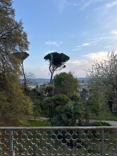 A landscape in Erba, Italy, is viewed from behind a decorative metal fence. The scene includes trees of various types, including a distinctive Italian stone pine, against a backdrop of buildings and hills. The sky is partly cloudy.