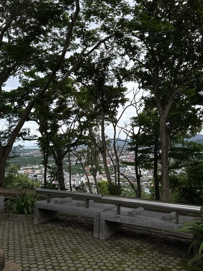 The image shows a scenic view of Ratsada, Thailand, from an elevated vantage point. In the foreground, a stone bench with a metal railing sits on a circular paved surface. Lush green trees with dark leaves frame the scene, partially obscuring the view of the city below. The city itself is characterized by a dense collection of buildings, some with red roofs, spread across a hilly landscape. In the distance, a body of water, likely the ocean, can be seen meeting the horizon under an overcast sky. The overall impression is one of natural beauty and urban development coexisting.