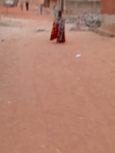 The scene depicts an unpaved, reddish-brown earthen road in Minna, Nigeria, under daylight conditions. In the mid-ground, a single individual is walking away from the camera, centered in the frame. This person wears a long, patterned garment exhibiting colors such as red, orange, and dark hues. Further down the road, in the background, several additional blurry human figures are visible, some appearing to be walking. To the far left in the background, a highly indistinct vehicle is present. On the right side of the road in the mid-background, a pile of assorted debris is observed adjacent to a light-colored wall or building. The foreground and mid-ground of the road surface show small scattered debris, including a distinct white object on the right side. The overall environment suggests a residential or semi-urban area with structures constructed from reddish-brown materials.