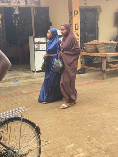 Two women wearing hijabs are standing next to each other on a paved area near what appears to be a storefront. The woman in the front is wearing a blue hijab and long dress, while the woman behind her is wearing a brown hijab and dress. They are standing close to a bicycle, with the back wheel visible in the foreground. Behind them are buildings and a wooden structure holding what looks like a pile of nuts. There is a sign with the word "DATA" visible. The scene is outdoors and appears to be a market area in Kafanchan B, Nigeria.