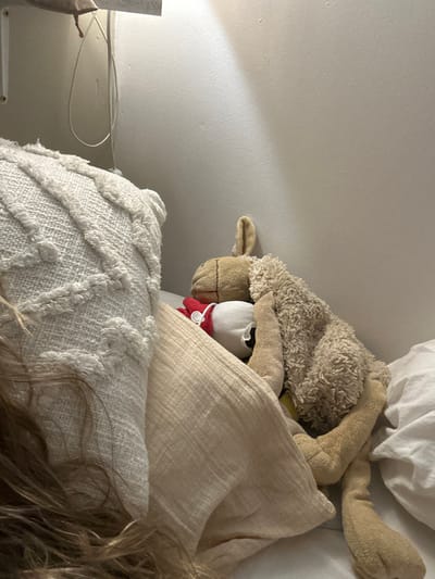 A close-up depicts a cluttered bed area. A plush sheep rests atop a white stuffed egg wearing a red scarf. Beige pillows and blankets surround the toys, partially obscuring them. A textured white pillow with a geometric pattern is in the foreground. Loose strands of brown hair are also visible on the right. A white wall and a glimpse of a lamp and its cord can be seen in the background.