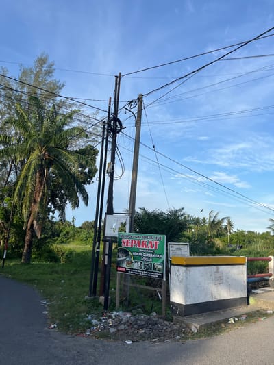This vertical, eye-level, outdoor shot captures a roadside scene in Langsa, Indonesia, on a bright, clear day with a few wispy clouds in the sky. The foreground is dominated by a tangle of overhead power lines, a utility pole, and the fronds of a palm tree. To the right, a concrete structure, painted with yellow and black stripes, sits at the edge of an asphalt road. Adjacent to this structure is a green sign that reads "KELOMPOK USAHA BERSAMA (KUB) SEPAKAT" and promotes "HEWAN QURBAN DAN AQIQAH" (Qurban and Aqiqah animals). Below this, there's a smaller sign with what appears to be an address and phone numbers. The road's shoulder is littered with trash, contrasting with the lush green vegetation and trees in the background. The overall impression is of a somewhat neglected, everyday scene in a tropical environment, likely in the daytime given the strong sunlight and blue sky. There are no people clearly visible in the image.
