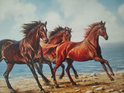 This media file is a painting depicting three horses running or galloping along a shoreline.

The primary subjects are the three horses, positioned dynamically across the canvas. The horse on the far left is a dark bay or brown, with a prominent white blaze on its face and a long, flowing dark mane. Its front legs are in motion, suggesting a powerful stride. In the center, another brown horse is partially visible, its head lowered slightly, with a dark, flowing mane. The horse on the right is a lighter reddish-brown, or chestnut, also with a white blaze. Its mane and tail are depicted as if swept back by wind or motion, and its front legs are lifted, indicating a fast run or jump.

The horses are active, appearing to be in mid-stride, conveying a sense of energy and freedom. Their powerful forms dominate the lower and mid-sections of the image.

The setting is a coastal landscape. In the foreground, there is a sandy or light-brown rocky beach or shoreline with scattered lighter-colored rocks or shell fragments. Behind the horses, a calm body of water, likely the sea or ocean, stretches across the mid-ground, showing gentle waves and reflections of light. The horizon is visible where the water meets the sky. The sky above is a light blue with soft, diffused white clouds, suggesting a clear day. The overall lighting appears bright, possibly indicating daytime, with no harsh shadows.

The image is a painting, characterized by visible brushstrokes, particularly in the horses' manes and the textured ground. There is no visible text within the image. Given the provided location context of Vardane Microdistrict, Russia, the scene likely depicts the Black Sea coast.