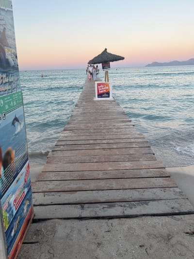 The image shows a wooden pier extending into the sea at Platja d'Alcúdia, Spain, during sunset. The sky exhibits a gradient of colors from light blue at the top to pink and orange near the horizon. Several people are visible on the pier, walking towards the end where a thatched umbrella and a sign for "info & tickets" are located. The sea is calm with gentle waves lapping at the sandy shore on the right. On the left side of the pier, a large poster with images of dolphins and information about dolphin watching tours is partially visible. The pier is made of weathered wooden planks, and sand covers parts of it and the adjacent beach. In the distance, a coastline with mountains is visible.