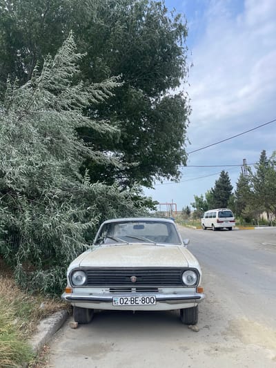 An old white sedan is parked on the side of a road in Baku, Azerbaijan, next to a large tree with silver-green foliage. The car appears dusty and weathered. A white van is parked further down the road, and various trees and utility poles are visible in the background under a cloudy sky. The license plate of the sedan is visible and reads "02-BE-800". The ground is a mix of dirt and pavement, with a concrete curb running along the side.