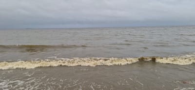 The image depicts a cloudy day at the beach in Repino, Russia. The sky is overcast with gray clouds. The sea is choppy, with moderate waves breaking on the shore. The water is a murky brown color, and the waves are capped with white foam. In the distance, a small island can be seen on the horizon. The overall scene is one of a typical overcast day at the seaside.