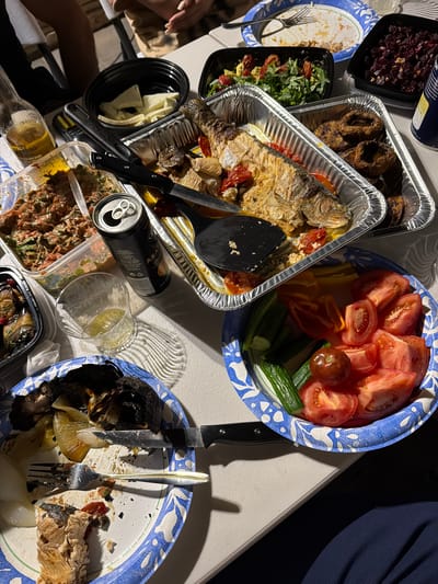 The image depicts a close-up, overhead view of a table laden with food and drink, set outdoors, likely during a meal or gathering. The scene appears to be in Burbank, United States of America, given the context of previous images.

Central to the composition is a large, foil-lined rectangular pan containing a whole baked fish, likely sea bass, garnished with sliced tomatoes and herbs. Adjacent to this is another foil pan holding several circular, dark-colored food items, possibly fried onion rings or mushrooms. To the left, a clear plastic container holds a salad with a creamy dressing and leafy greens. Further left, a glass bottle, possibly Corona, is partially visible. A black bowl contains sliced white cheese. Another clear plastic container holds a dish with what appears to be eggplant rolls stuffed with a dark filling, possibly herbs and nuts.

In the foreground, a blue and white patterned paper plate contains a portion of what looks like leftover fish, some fried items, and a fork and knife. Another paper plate, similarly patterned, is visible at the top of the frame, with remnants of food and a fork. A small glass contains a pale yellow liquid, likely a drink. A black soda can with a pull-tab is also present. In the lower right corner, a dark blue textured fabric is visible, suggesting the presence of clothing.

The lighting suggests it may be evening, with shadows cast across the table, highlighting the textures and colors of the food. The overall impression is one of a casual outdoor dining experience.