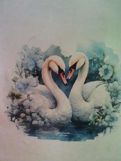 The image depicts a watercolor painting of two swans whose necks are curved to form a heart shape. The swans are predominantly white with black eyes and orange beaks. They are positioned in water, surrounded by clusters of blue and white flowers, with hints of green foliage. The background is a wash of light blue and white, suggesting a serene and possibly aquatic environment. There is no discernible location in the city of Kuyagan, Russia, or any identifiable human figures or actions. The overall impression is one of romance and nature.