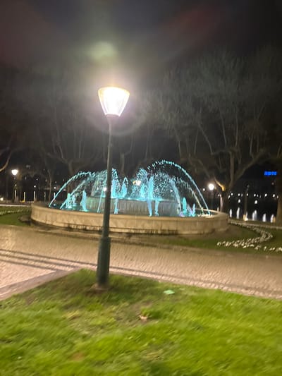 The image depicts a nighttime scene in a public space in Mirandela, Portugal. A large, circular stone fountain dominates the midground, with multiple water jets illuminated in vibrant blue and green hues. In the foreground, a dark-colored street lamp with a bright, conical light fixture stands centrally. Green grass sections are visible on either side of the lamp, bordering a light-toned, paved pathway constructed of cobblestones. Beyond the fountain, a line of deciduous trees with bare branches is visible against the dark sky. Additional artificial lights are scattered throughout the background. To the far right, a blue neon sign spelling "HOTEL" is discernible on a distant building. No individuals are present within the frame.