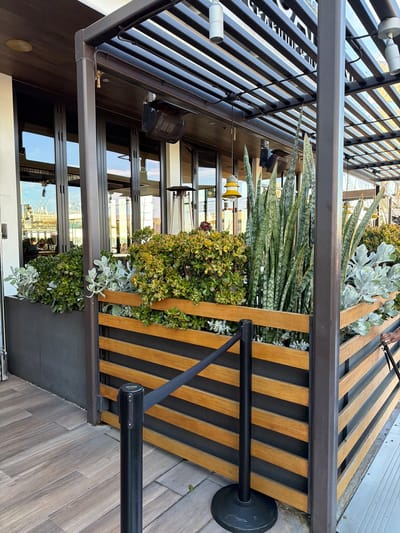 The image shows the exterior patio of a restaurant in San Diego, California. The patio is covered by a slatted roof and features a planter box filled with various plants, including snake plants and jade plants. A black stanchion with a retractable belt is positioned in front of the planter box, directing foot traffic. Large glass doors lead into the restaurant, revealing glimpses of patrons dining inside. The floor is tiled with a wood-grain pattern, and a metal patio heater is visible in the background. The overall scene suggests a modern and inviting outdoor dining space.