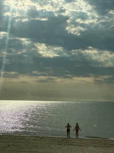 This media file depicts a serene beach scene at what appears to be either sunrise or sunset, given the low angle of the sun and the golden light reflecting off the water. The image is oriented vertically.
In the foreground, on the right side of the frame, is a sandy beach. Adjacent to the beach is a vast expanse of calm water, shimmering with sunlight. Two individuals are visible standing at the water's edge, facing away from the camera and towards the sea. One person, wearing a red bikini, is slightly ahead of the other, who is wearing dark shorts and a dark top. Their posture suggests a moment of quiet contemplation or enjoyment of the view.
The left side of the image is dominated by a dramatic sky filled with clouds. Some clouds are bright and illuminated by the sun, appearing white and fluffy, while others are darker and more diffused, suggesting movement or varying atmospheric conditions. The interplay of light and shadow in the sky creates a sense of depth and atmosphere.
The overall mood of the image is peaceful and tranquil. The setting is clearly a beach or coastline, and the time of day is likely early morning or late evening. The location is identified as Primorsko-Akhtarsk, Russia. There is no visible text in the media file.