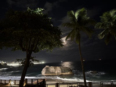 This detailed image depicts a nocturnal coastal scene from an elevated vantage point in Rio de Janeiro, Brazil, specifically overlooking Arpoador Beach. The dark sky is partially covered by scattered clouds, revealing a prominent full moon positioned toward the center-right, casting a distinct path of light across the ocean surface.
In the immediate foreground, a wooden and metal railing system with integrated ground-level illumination forms a boundary, suggesting a promenade or viewing platform. To the left, a large, dark-foliage tree with multiple trunks occupies the lower-left quadrant, its upper leaves artificially illuminated. On the right, two tall palm trees frame the right side of the image, their fronds also illuminated by an unseen light source.
The middle ground features the dark waters of the Atlantic Ocean, exhibiting moderate wave activity. A large, distinctively shaped grey rock formation, identified as Pedra do Arpoador, is situated in the water near the shoreline, with waves breaking around its base. Patches of sandy beach are visible at the water's edge.
In the distant background, to the left, a vibrant line of artificial lights delineates the urban coastline, characteristic of Ipanema or Leblon. Several faint, isolated lights, likely from vessels, are scattered across the dark ocean horizon further out. No human figures are present in the image.