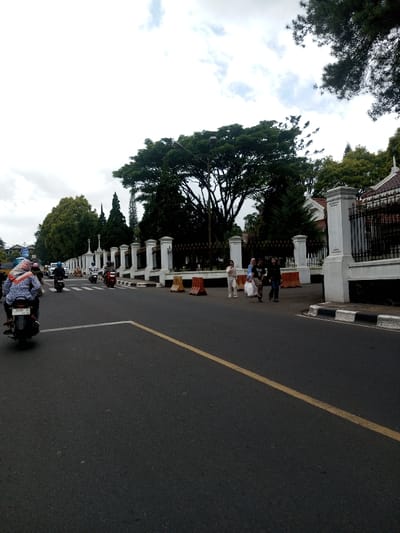 The scene is located in Gubbisamamidi, India, depicting a daytime street view under an overcast sky. The foreground features an asphalt road with a solid yellow dividing line on the right and a white line marking a potential crossing or stop point. On the road, a person on a black scooter with license plate "5435 YI 09 26" is visible in the lower left, moving away from the camera. Several other scooters and motorbikes are observed further down the road to the left, indicating traffic.
To the right of the road, a white curb separates the street from a sidewalk area. Adjacent to this, a long, ornate white fence with evenly spaced pillars and black metal railings extends into the background. Behind the fence, dense green foliage from numerous large trees, along with the upper sections of a building featuring a light-colored facade and a dark roof, are visible. A dark street light pole stands above the fence line on the right.
In the mid-ground right, a group of four individuals stands on the paved area behind a line of orange and white traffic barriers. One person wears a light top and carries a white bag; another wears a light blue top; a third is dressed in a dark patterned shirt; and the fourth wears a dark jacket and carries a dark bag. They appear to be stationary or in the process of walking. The lighting is diffused and even, consistent with an overcast day.