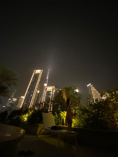 The image shows a nighttime view of the city skyline from Business Bay, United Arab Emirates. The Burj Khalifa is visible in the distance, illuminated against the night sky. Several other high-rise buildings are also visible, with their lights adding to the urban landscape. The foreground contains foliage, including trees and plants, which partially obscure the view of the city. A woman is standing near the foliage. Furniture, including tables and chairs, are also present in the foreground. The environment is dark, with the city lights providing the main source of illumination.